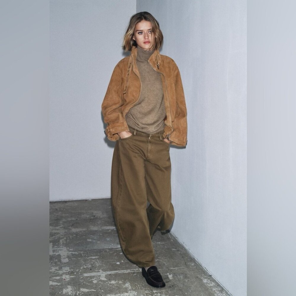 Zara Olive Green Mega Balloon Jeans Size 2 High Rise Barrel Leg Trendy Pants - Picture 2 of 15